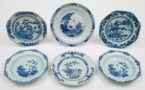 Six various Chinese porcelain blue and white plates: comprising a circular plate painted with boys