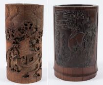 Two Chinese bamboo brush pots: with carved panels of landscape vistas, 26 x 17cm. high.