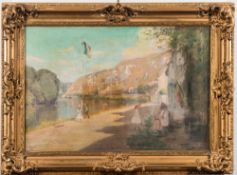 Gabriel Thompson [1861-1935]-
A quayside, figures in the foreground before cottages,