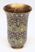 A Continental gilt brass and champleve enamel vase: of cylindrical outline, with flared rim,