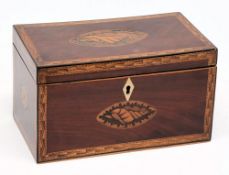 A 19th century mahogany and inlaid caddy: of rectangular outline, with parquetry borders,