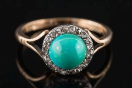 A turquoise and rose diamond circular cluster ring: the central,