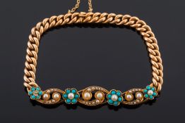 An Edwardian gold, turquoise and seed pearl curb-link bracelet:, 14gms gross weight.