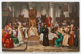 A Continental porcelain plaque: of rectangular form painted with Johannes Hus at the Council of