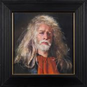 * Robert O Lenkiewicz [1941-2002]-
Self-Portrait with Red Scarf:-
signed twice and inscribed on the