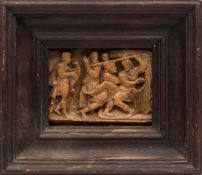 A Nottingham-style carved alabaster plaque: depicting a court scene with King,