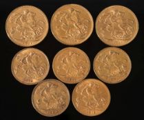 Three George V sovereigns, three Victorian half sovereigns and two George V  half sovereigns:.
