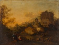 Manner of Carlo Labruzzi [18th Century Italian]-
An Italianate upland landscape with figures