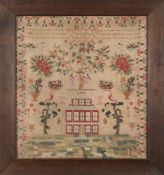 A 19th century needlework sampler:, with verse Adam and Eve beneath a tree,