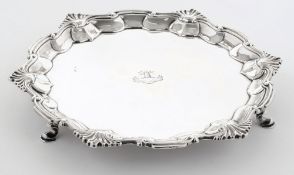 A George II silver card tray, maker John Harvey I, London, 1746: crested,