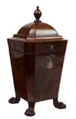 A Georgian mahogany and ebony strung cutlery box: of rectangular tapering form, with canted corners,