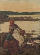 Arthur Potter [Exh. 1882-1892]-
Young fisherwomen and dog by a rocky cove, evening:-
signed A.