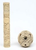 A 19th century Cantonese carved ivory bodkin case: of cylindrical outline, initialled,