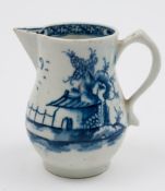 A Lowestoft blue and white sparrow-beak cream jug: painted  with the 'Island and long fence'