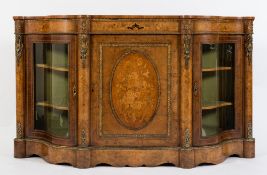 A Victorian walnut, floral marquetry and gilt metal mounted breakfront credenza:,