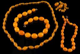 A graduated amber bead single-string necklace: with 18 beads graduated from 17mm to 26m long,