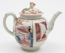 A Worcester polychrome teapot and cover: of globular form with flower finial,