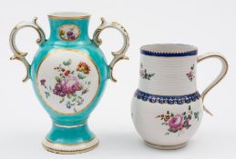 A Derby two-handled vase and a Derby mug: the vase with double scroll handles and painted in the