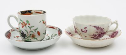 A Worcester coffee cup and saucer and a similar teacup and saucer: the first painted in the Imari
