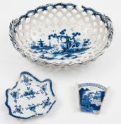 A Derby blue and white basket, an asparagus server and a pickle dish,