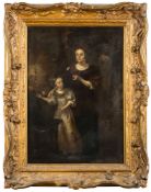 Dutch School, late 18th Century-
A mother and daughter standing in a neo-classical garden setting,