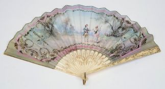 A 19th century French painted silk and bone fan: the silk leaf painted with young lovers in a