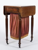 An early 19th Century mahogany drop flap work table:, the hinged top with rounded corners,