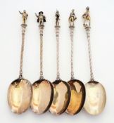 Five Victorian silver novelty spoons, maker John Figg, London, 1870: with glided bowls,