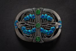 An Arts and Crafts enamelled silver two-division oval belt buckle,