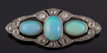 An early 20th century opal and diamond oblong brooch:,