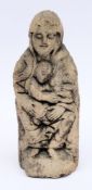A small Romanesque-style carved stone figure of the Madonna and Child:  wrapped in robes and seated