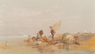 Edward Duncan [1803-1882]-
A coastal landscape, fisherfolk in the foreground,