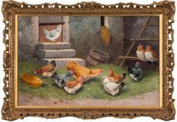 Andre Prehn [19th Century, French]-
Rooster and hens:-
signed bottom right
oil on canvas
36 x 56cm.
