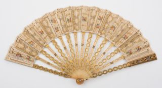 A 19th century sequin applied and gilt decorated fan: the silk and perforated leaf with painted