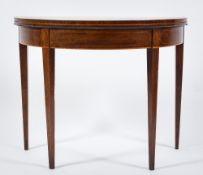 A George III mahogany and inlaid half round tea table:, bordered with boxwood lines,