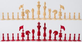 A 19th century English ivory Barleycorn style chess set: one side left natural the other side