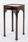 A George III mahogany square urn table:, with a moulded top, fitted with a candle slide,