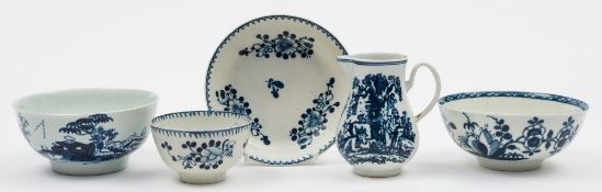 Five pieces of Liverpool blue and white porcelain: circa 1760-75,
