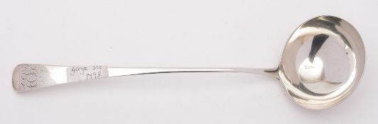 A George III silver Old English pattern soup ladle, maker IB, London, 1792: initialled, 33cm.