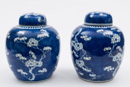 A pair of Chinese blue and white ginger jars and covers: painted with gnarled branches of prunus