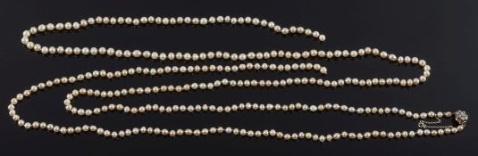 A long graduated pearl, possibly, single-string necklace: (broken), with rose diamond-set,