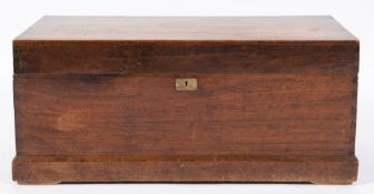 A teak rectangular trunk:, with a hinged top and brass carrying handles to the sides, 91.