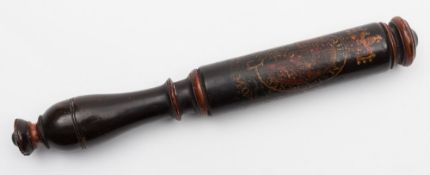A 19th century tipstaff:, the turned finial over lacquered body with gilt and coloured armorial,