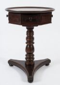An early 19th Century mahogany and stained pine drum top circular occasional table:,