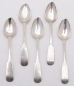 A set of five George III provincial Scottish silver fiddle pattern teaspoons, maker DM.
