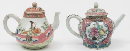 A Chinese famille rose teapot and cover and one similar: the first of octagonal form painted with