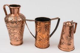 An Arts and Craft copper twin-handled vase attributed to John William: of cylindrical form with