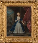 Dutch School [18th Century]-
Portrait of a young girl wearing a blue velvet and lace dress holding