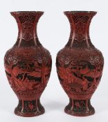A pair of Chinese two-colour cinnabar lacquer carved vases: of lobed baluster form with waisted