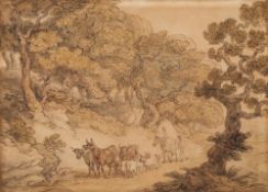 Thomas Rowlandson [1756-1827]-
Cattle, sheep and travellers on a wooded path:-
pen,
